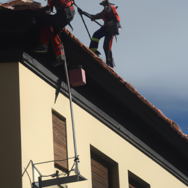 Dos trabajadores en la azotea de un edificio, usando cuerdas y una polea para realizar tareas.